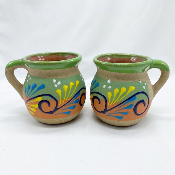 Mexican Clay Jarritos Stoneware Pottery Coffee Mugs Set of 2 NEW Swirl - Picture 2 of 6
